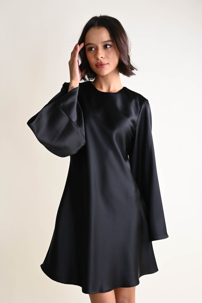 SATIN DRESS WITH FLARED SLEEVES