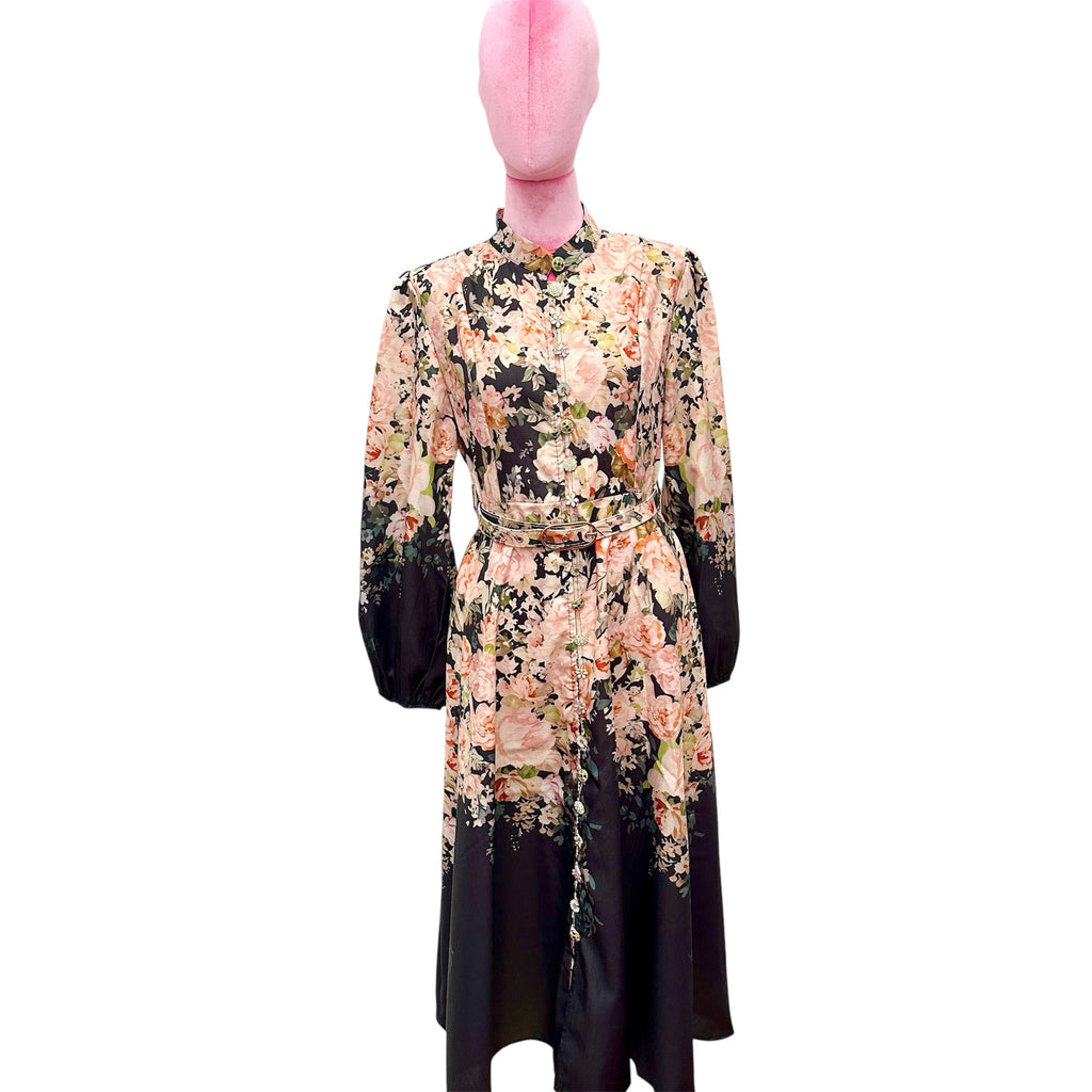 Floral High Neck Puff Sleeve Midi Dress black