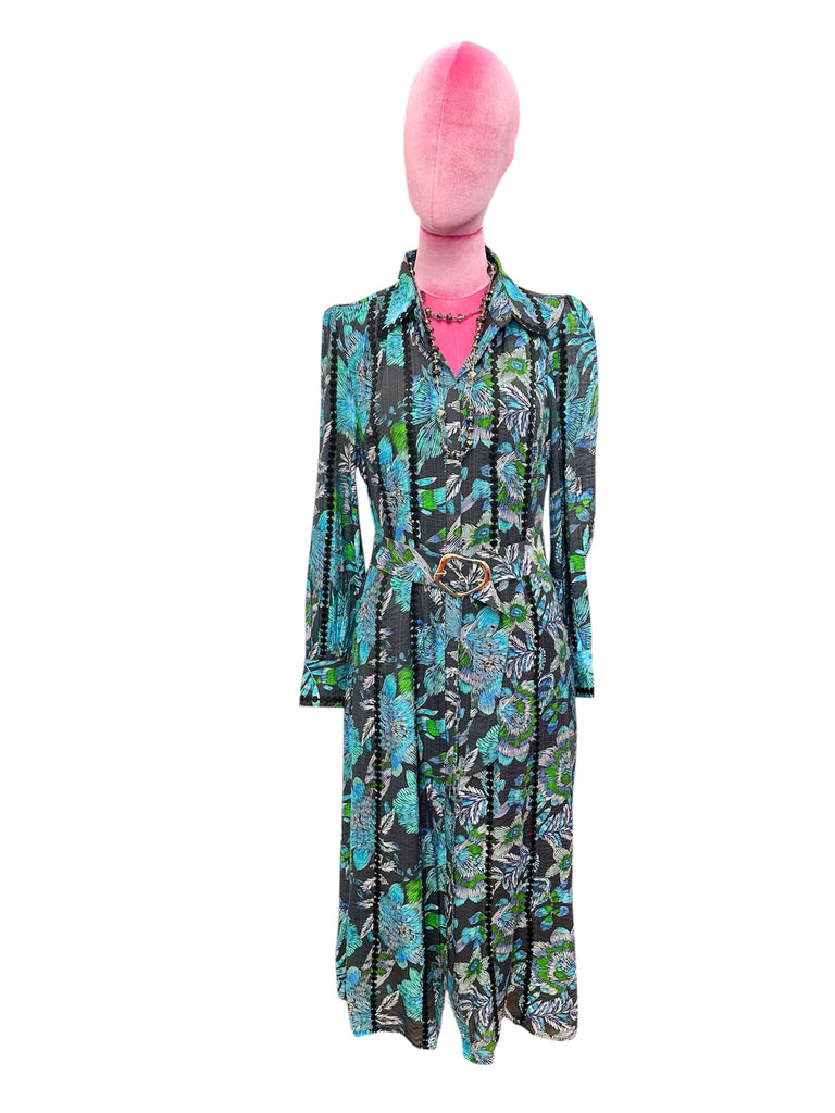 Long Sleeve printed maxi dress with waist belt blue
