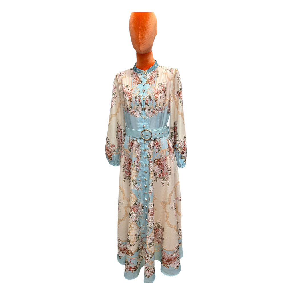 Floral Button Belt Detail maxi Dress hellblau