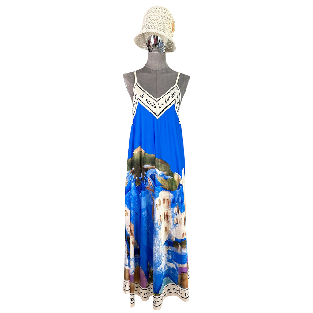 Kleid gemustert, Spaghettiträger, royalblau