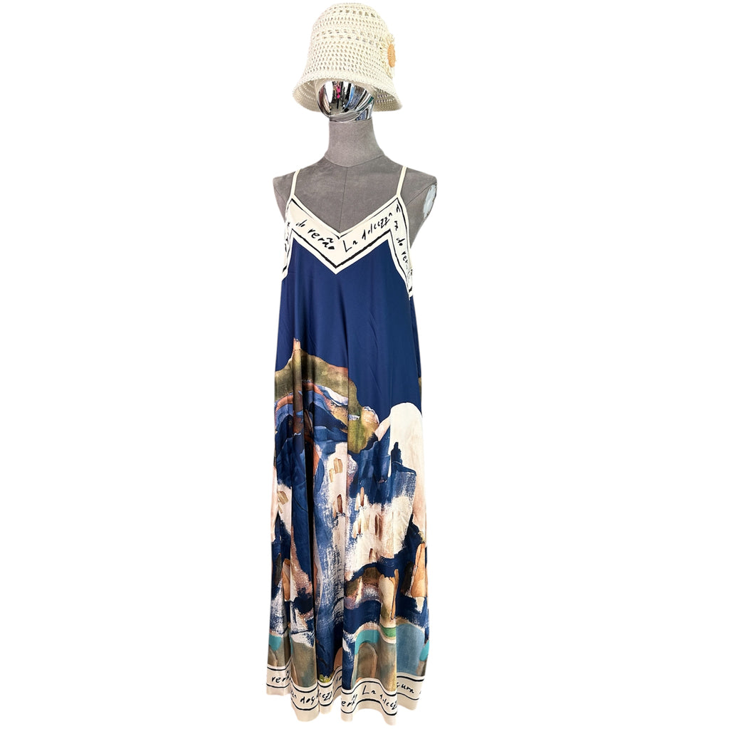 Kleid gemustert, Spaghettiträger, marine