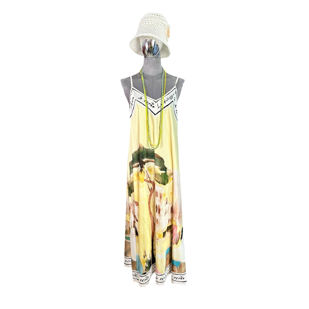 Kleid gemustert, Spaghettiträger, gelb