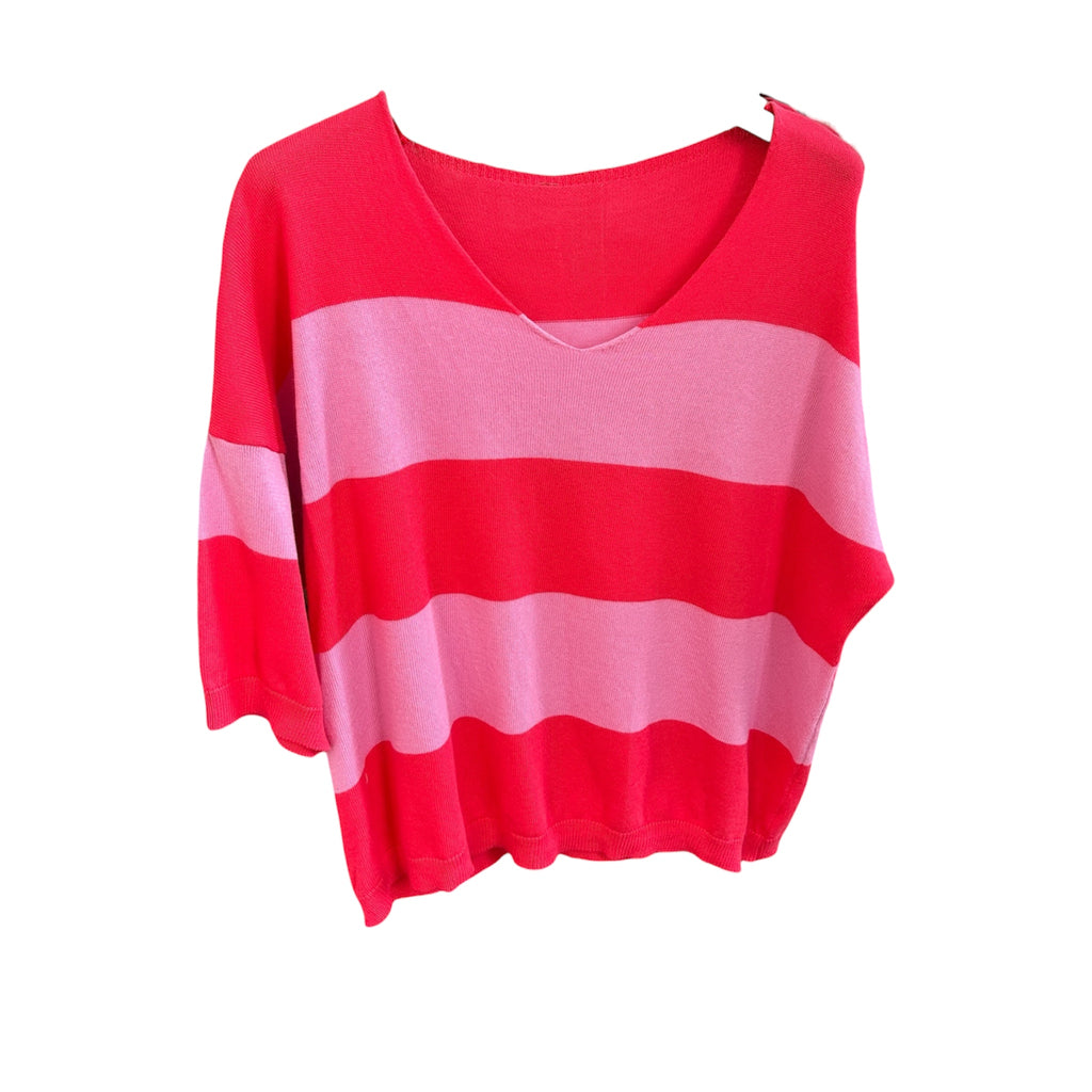 Pullover, Kurzarm, rot-rosa gestreift,  V-Ausschnitt