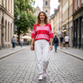 Pullover, Kurzarm, rot-rosa gestreift,  V-Ausschnitt