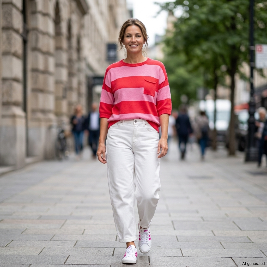 Pullover, Kurzarm, rot-rosa gestreift mit aufgesetzter Tasche